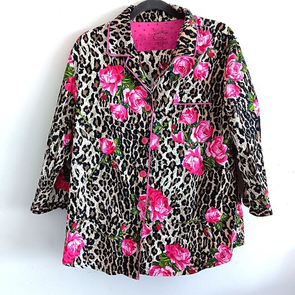 Nick & Nora Animal Print With Roses Pajama Set Pjs Top & Pants Size XL - Picture 1 of 6